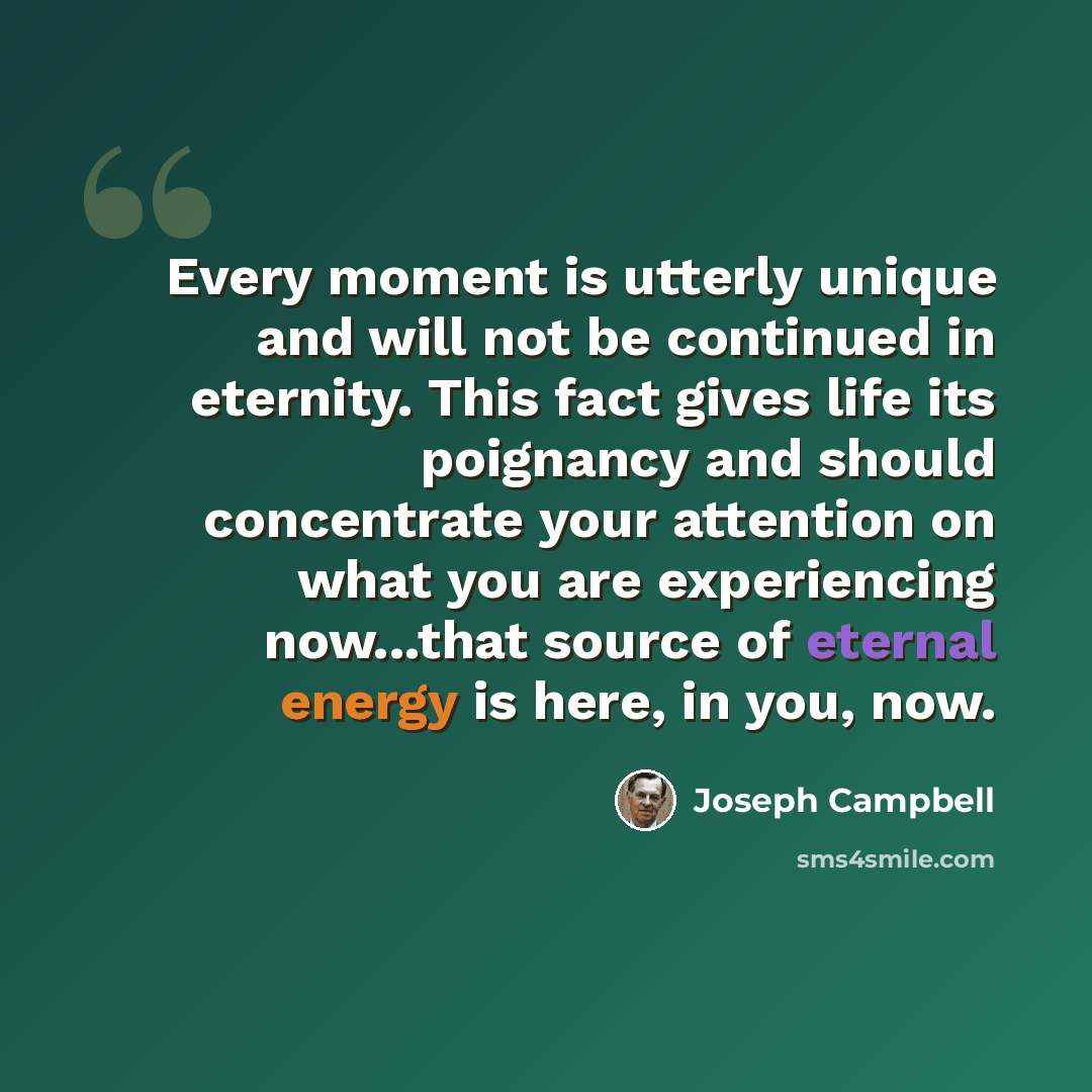 “Every moment is utterly unique and will not be continued in eternity. This fact gives life its poignancy and should concentrate your attention on what you are experiencing now...that source of eternal energy is here, in you, now.” quote by Joseph Campbell