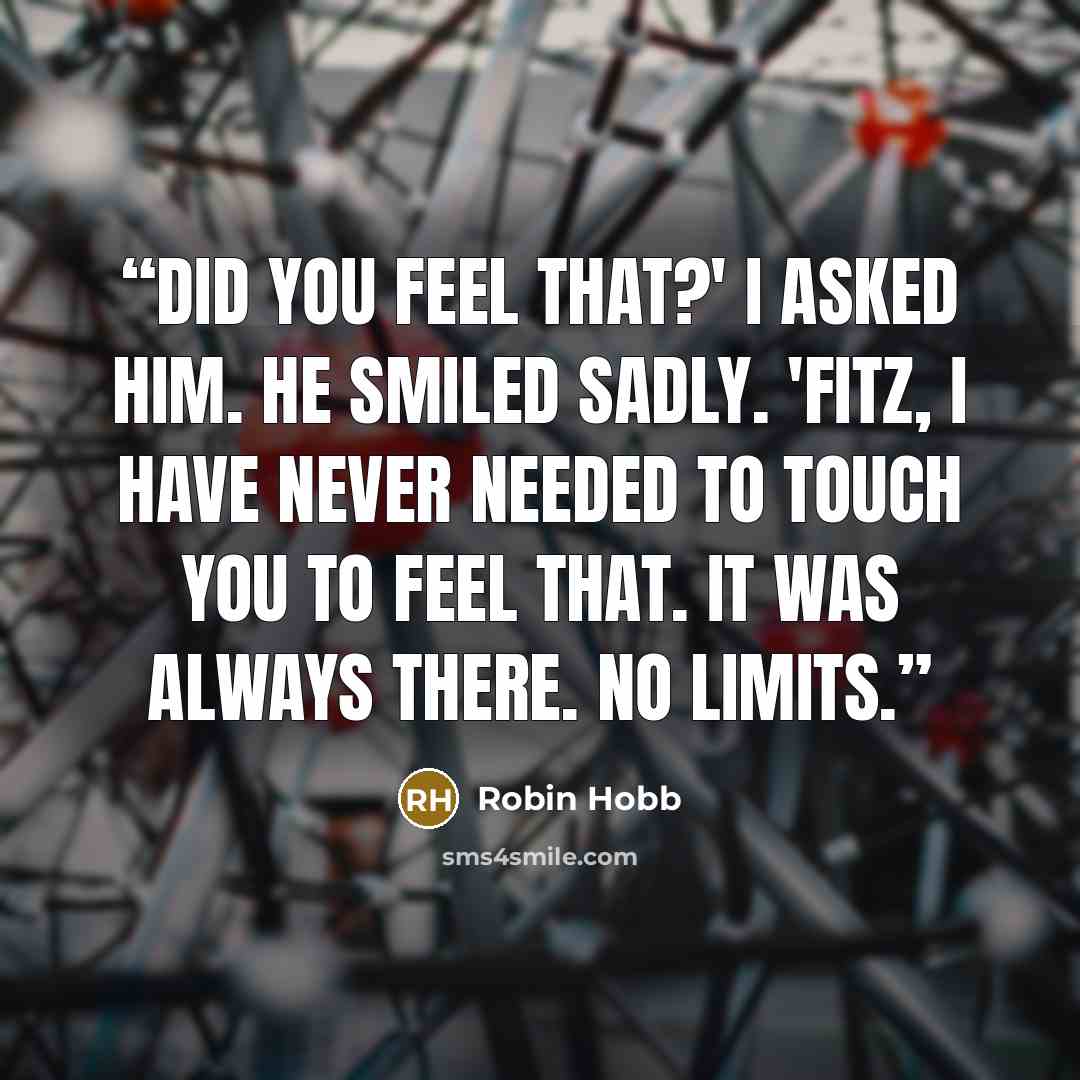 “Did you feel that?' I asked him. He smiled sadly. 'Fitz, I have never needed to touch you to feel that. It was always there. No limits.” quote by Robin Hobb