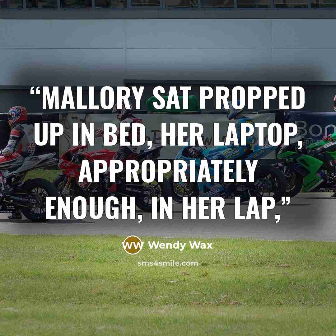 “Mallory sat propped up in bed, her laptop, appropriately enough, in her lap,” quote by Wendy Wax