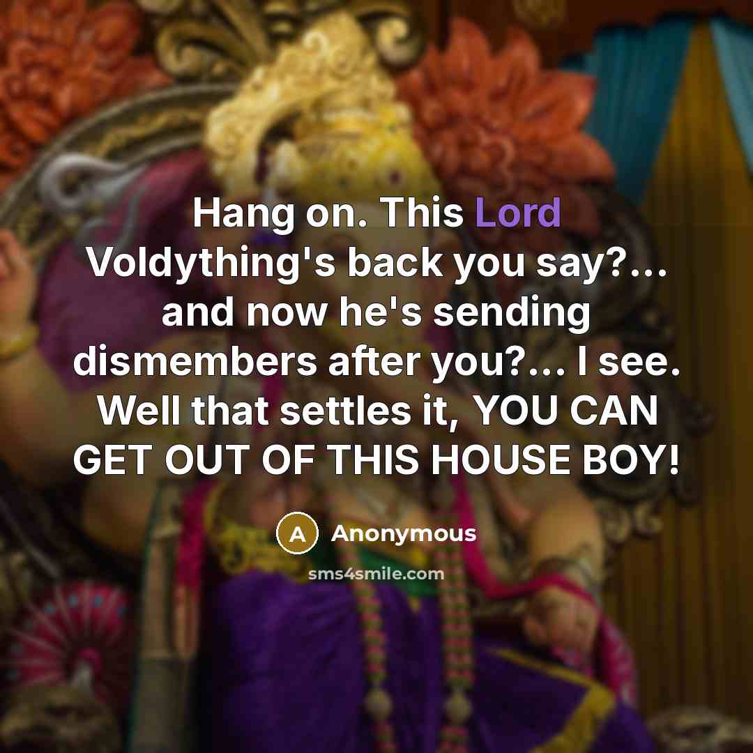 “Hang on. This Lord Voldything's back you say?... and now he's sending dismembers after you?... I see. Well that settles it, YOU CAN GET OUT OF THIS HOUSE BOY!” quote by Anonymous