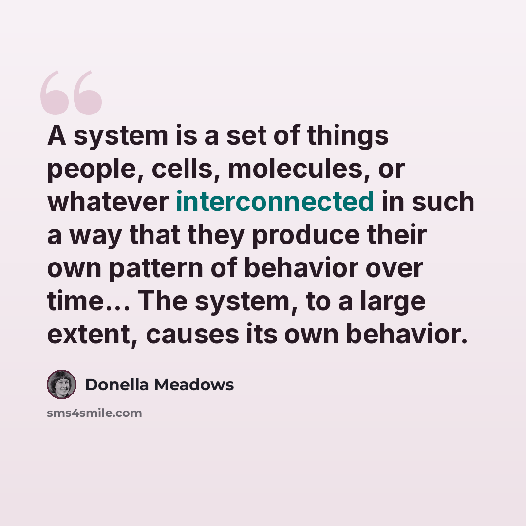 “A system is a set of things people, cells, molecules, or whatever interconnected in such a way that they produce their own pattern of behavior over time... The system, to a large extent, causes its own behavior.” quote by Donella Meadows