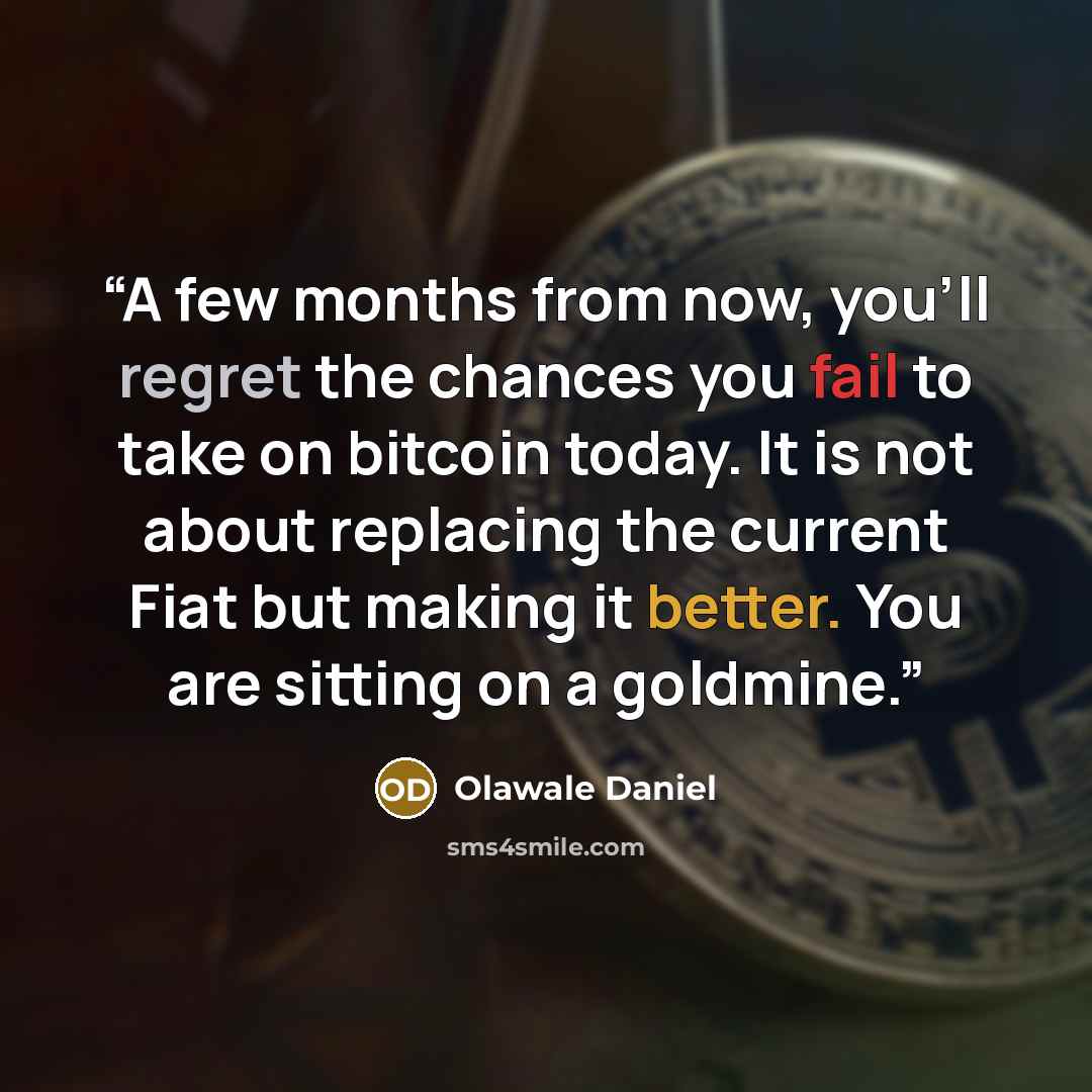 “A few months from now, you'll regret the chances you fail to take on bitcoin today. It is not about replacing the current Fiat but making it better. You are sitting on a goldmine.” quote by Olawale Daniel