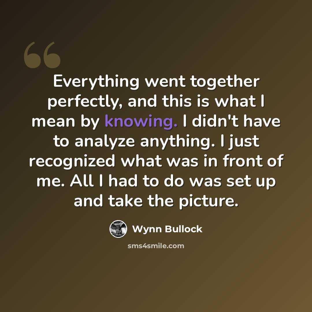 “Everything went together perfectly, and this is what I mean by knowing. I didn't have to analyze anything. I just recognized what was in front of me. All I had to do was set up and take the picture.” quote by Wynn Bullock