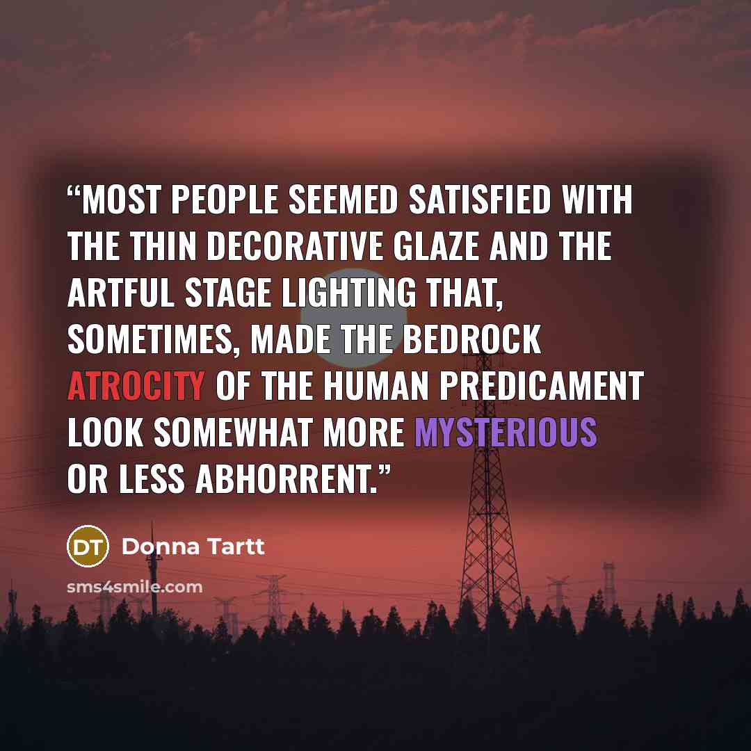 “Most people seemed satisfied with the thin decorative glaze and the artful stage lighting that, sometimes, made the bedrock atrocity of the human predicament look somewhat more mysterious or less abhorrent.” quote by Donna Tartt