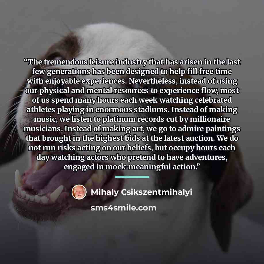 “The tremendous leisure industry that has arisen in the last few generations has been designed to help fill free time with enjoyable experiences. Nevertheless, instead of using our physical and mental resources to experience flow, most of us spend many hours each week watching celebrated athletes…” quote by Mihaly Csikszentmihalyi