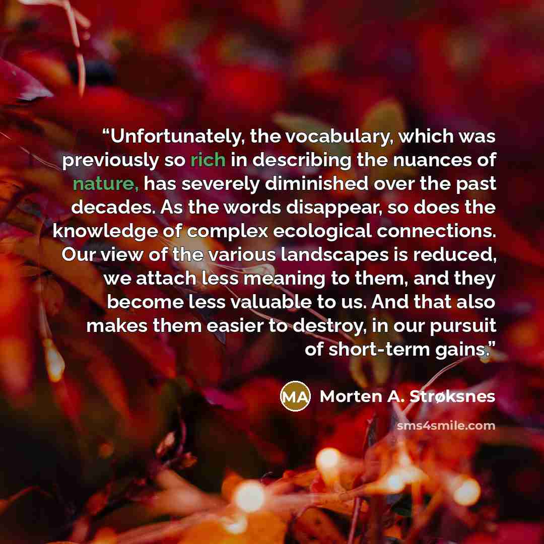 “Unfortunately, the vocabulary, which was previously so rich in describing the nuances of nature, has severely diminished over the past decades. As the words disappear, so does the knowledge of complex ecological connections. Our view of the various landscapes is reduced, we attach less meaning to…” quote by Morten A. Strøksnes
