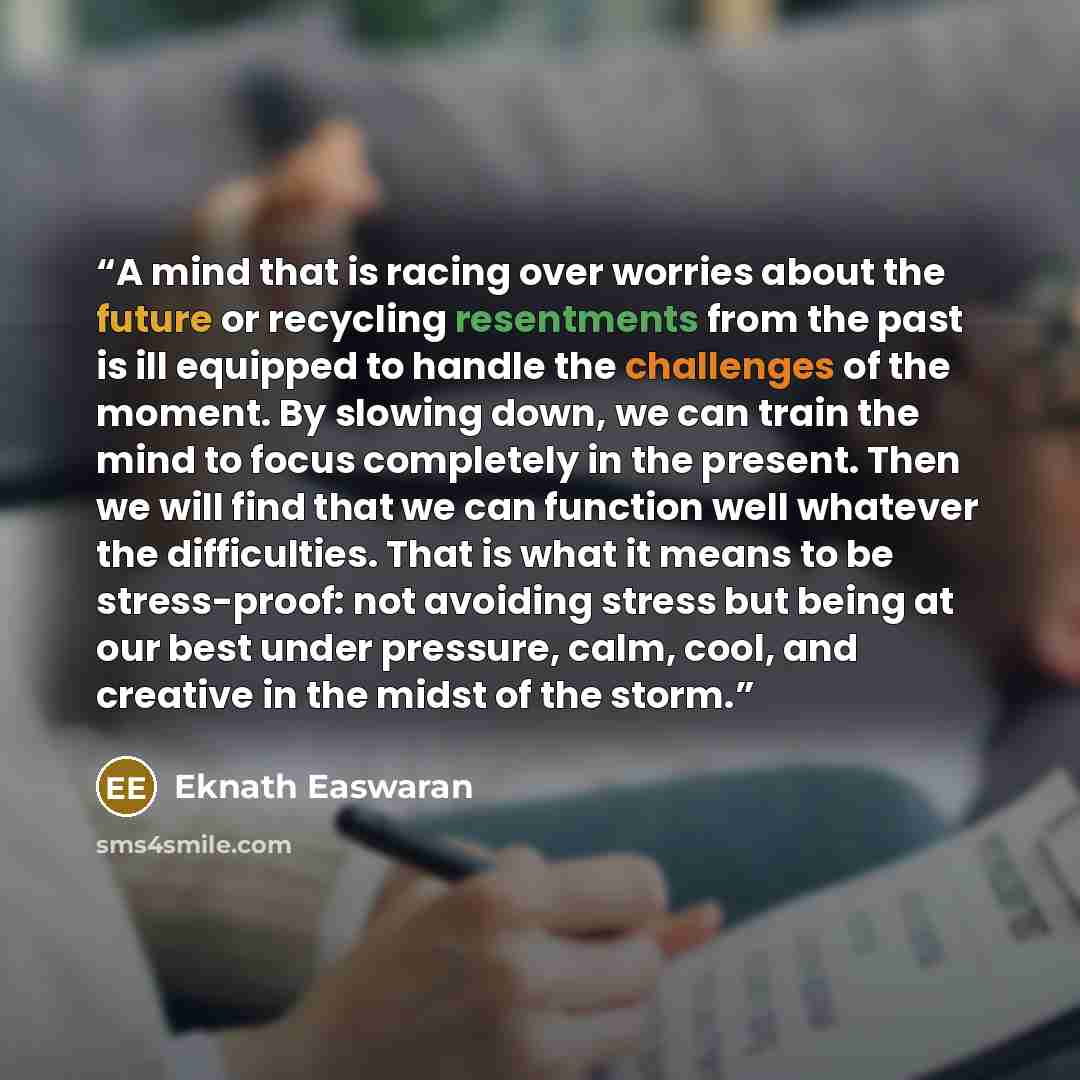 “A mind that is racing over worries about the future or recycling resentments from the past is ill equipped to handle the challenges of the moment. By slowing down, we can train the mind to focus completely in the present. Then we will find that we can function well whatever the difficulties. That…” quote by Eknath Easwaran