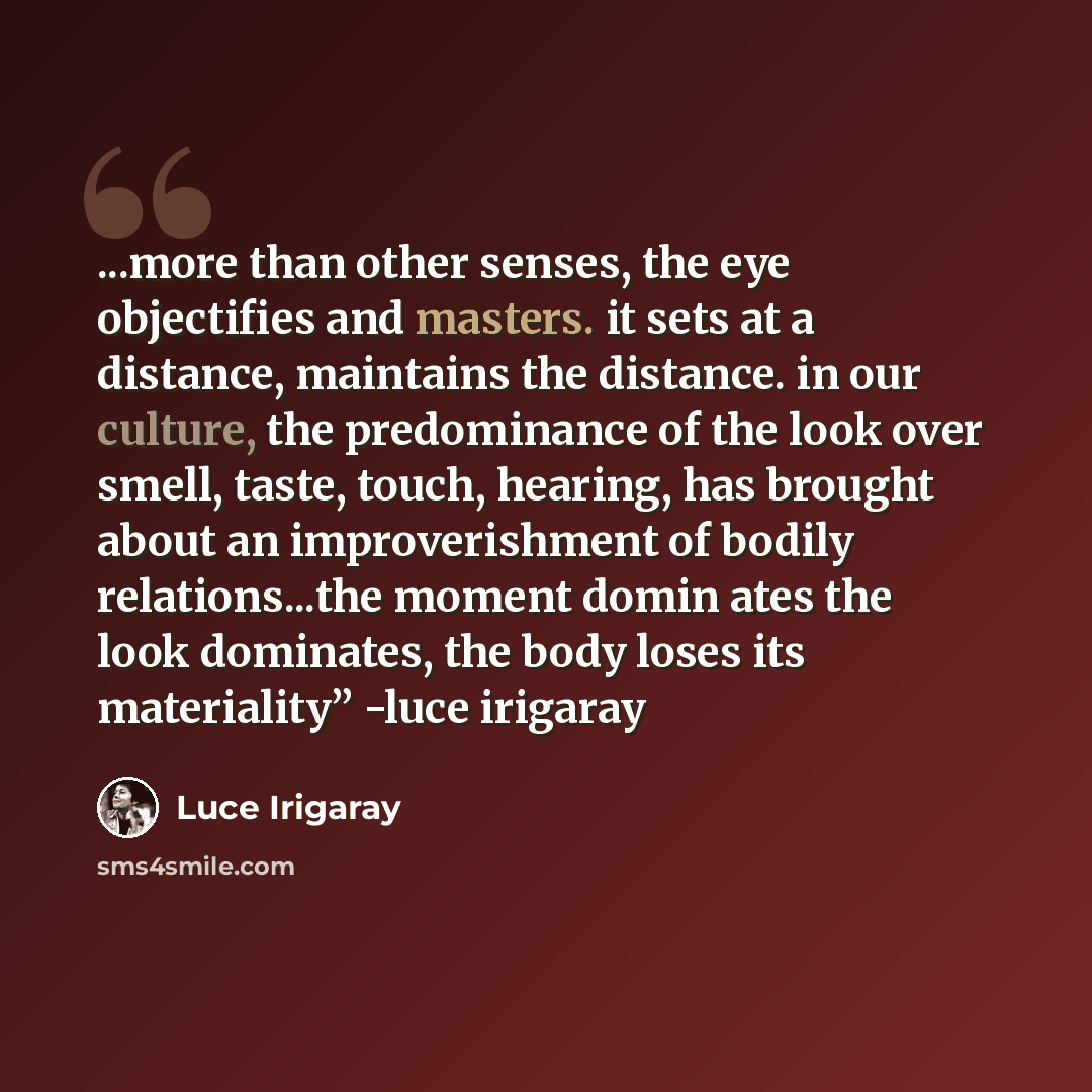 “...more than other senses, the eye objectifies and masters. it sets at a distance, maintains the distance. in our culture, the predominance of the look over smell, taste, touch, hearing, has brought about an improverishment of bodily relations...the moment domin ates the look dominates, the body…” quote by Luce Irigaray