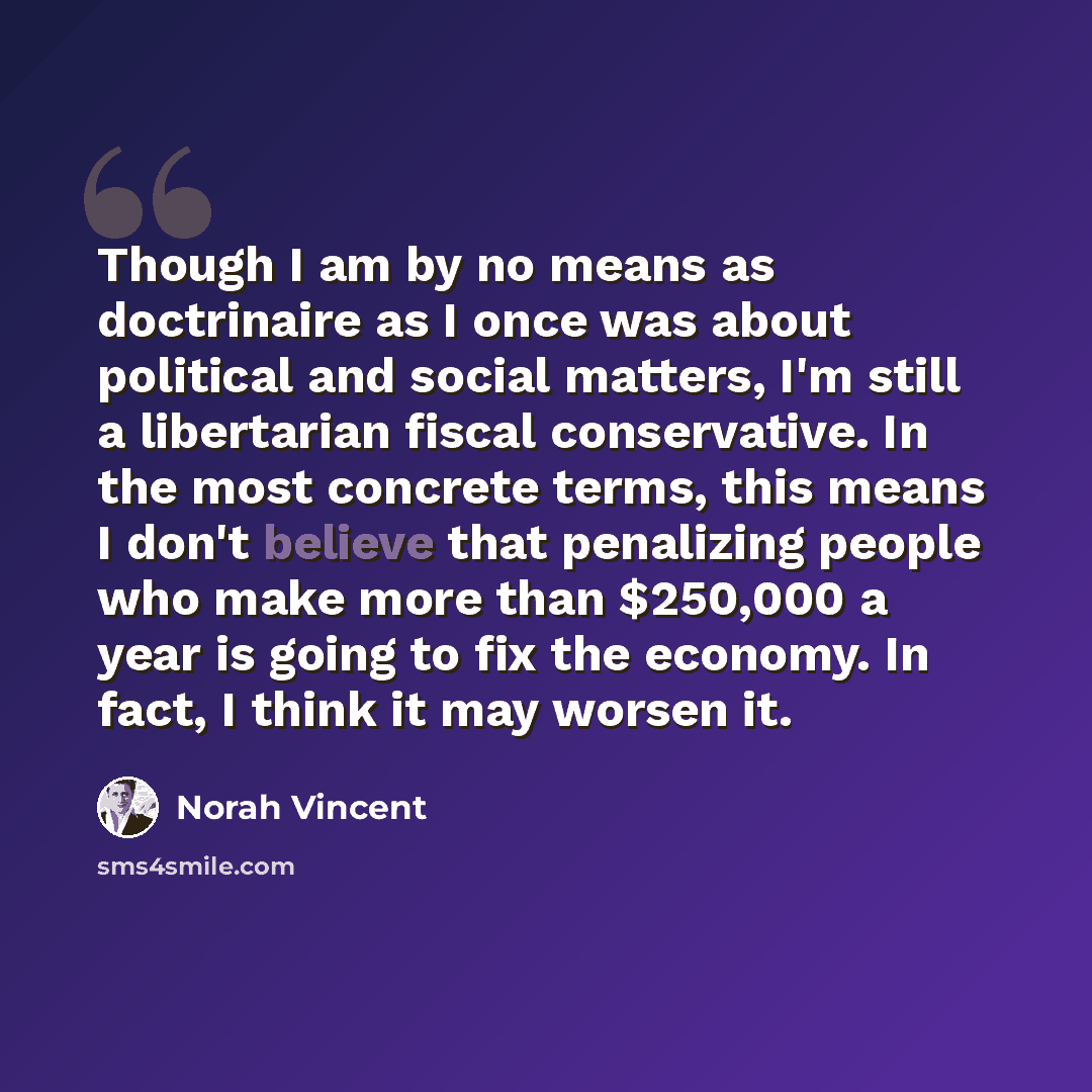“Though I am by no means as doctrinaire as I once was about political and social matters, I'm still a libertarian fiscal conservative. In the most concrete terms, this means I don't believe that penalizing people who make more than $250,000 a year is going to fix the economy. In fact, I think it…” quote by Norah Vincent