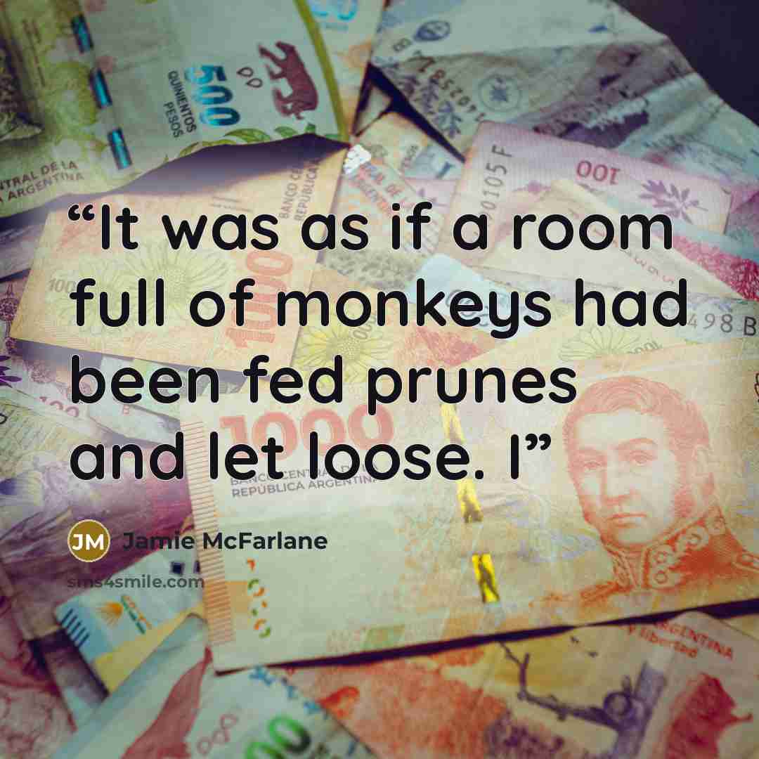 “It was as if a room full of monkeys had been fed prunes and let loose. I” quote by Jamie McFarlane