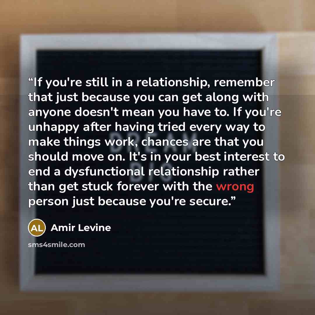 “If you're still in a relationship, remember that just because you can get along with anyone doesn't mean you have to. If you're unhappy after having tried every way to make things work, chances are that you should move on. It's in your best interest to end a dysfunctional relationship rather than…” quote by Amir Levine