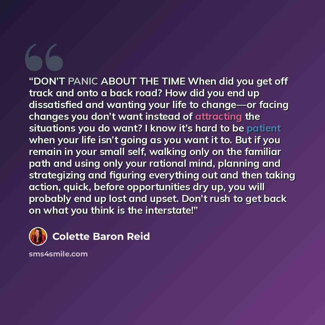 “DON’T PANIC ABOUT THE TIME When did you get off track and onto a back road? How did you end up dissatisfied and wanting your life to change—or facing changes you don’t want instead of attracting the situations you do want? I know it’s hard to be patient when your life isn’t going as you want it…” quote by Colette Baron Reid