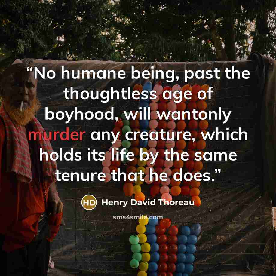 “No humane being, past the thoughtless age of boyhood, will wantonly murder any creature, which holds its life by the same tenure that he does.” quote by Henry David Thoreau