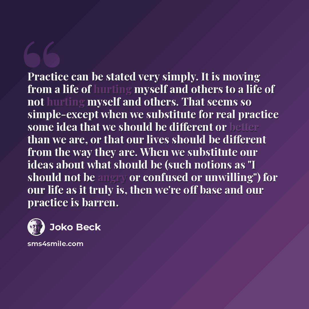 “Practice can be stated very simply. It is moving from a life of hurting myself and others to a life of not hurting myself and others. That seems so simple-except when we substitute for real practice some idea that we should be different or better than we are, or that our lives should be different…” quote by Joko Beck