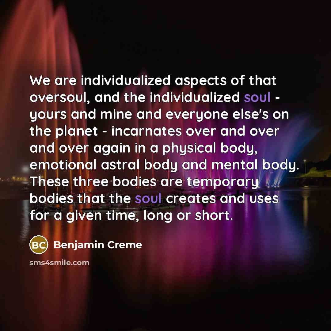 “We are individualized aspects of that oversoul, and the individualized soul - yours and mine and everyone else's on the planet - incarnates over and over and over again in a physical body, emotional astral body and mental body. These three bodies are temporary bodies that the soul creates and uses…” quote by Benjamin Creme