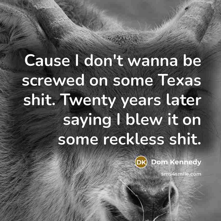 “Cause I don't wanna be screwed on some Texas shit. Twenty years later saying I blew it on some reckless shit.” quote by Dom Kennedy