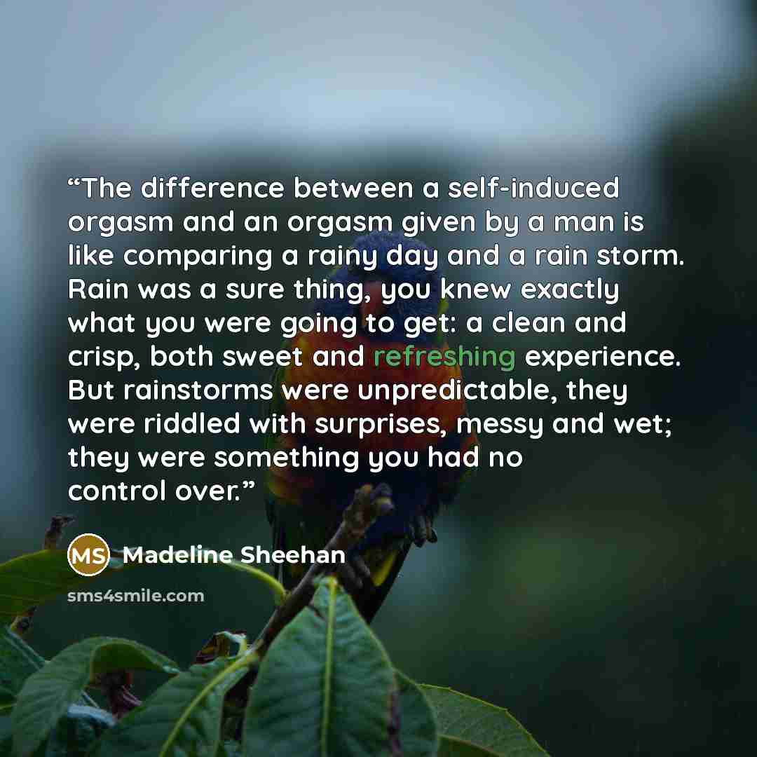 “The difference between a self-induced orgasm and an orgasm given by a man is like comparing a rainy day and a rain storm. Rain was a sure thing, you knew exactly what you were going to get: a clean and crisp, both sweet and refreshing experience. But rainstorms were unpredictable, they were…” quote by Madeline Sheehan