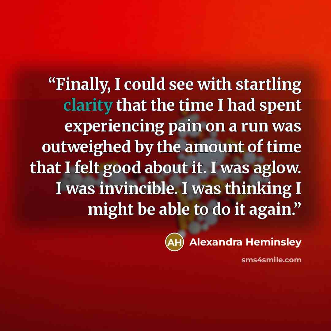 “Finally, I could see with startling clarity that the time I had spent experiencing pain on a run was outweighed by the amount of time that I felt good about it. I was aglow. I was invincible. I was thinking I might be able to do it again.” quote by Alexandra Heminsley