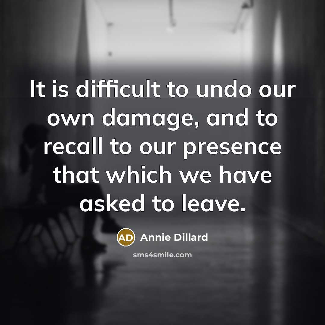 “It is difficult to undo our own damage, and to recall to our presence that which we have asked to leave.” quote by Annie Dillard