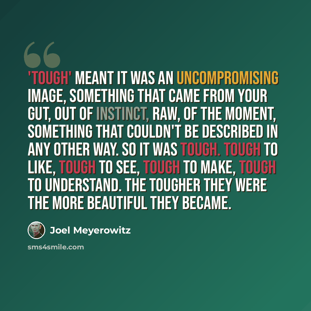 “'Tough' meant it was an uncompromising image, something that came from your gut, out of instinct, raw, of the moment, something that couldn't be described in any other way. So it was tough. Tough to like, tough to see, tough to make, tough to understand. The tougher they were the more beautiful…” quote by Joel Meyerowitz