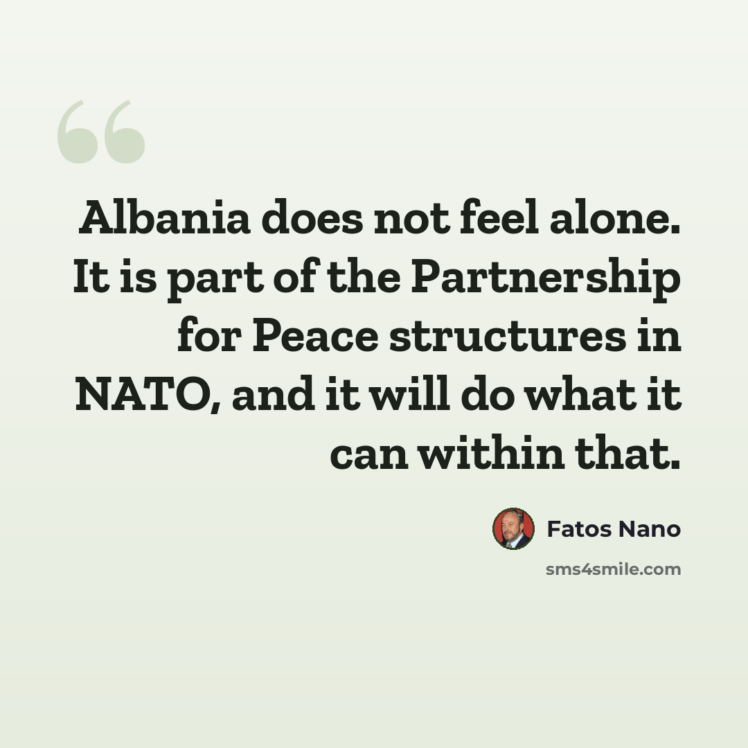 “Albania does not feel alone. It is part of the Partnership for Peace structures in NATO, and it will do what it can within that.” quote by Fatos Nano