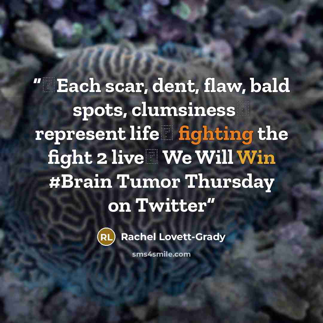 “♥Each scar, dent, flaw, bald spots, clumsiness♥ represent life♥ fighting the fight 2 live♥ We Will Win #Brain Tumor Thursday on Twitter” quote by Rachel Lovett-Grady