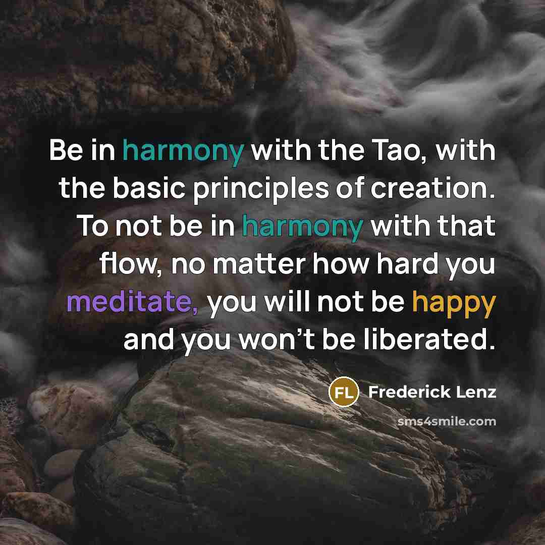 “Be in harmony with the Tao, with the basic principles of creation. To not be in harmony with that flow, no matter how hard you meditate, you will not be happy and you won't be liberated.” quote by Frederick Lenz
