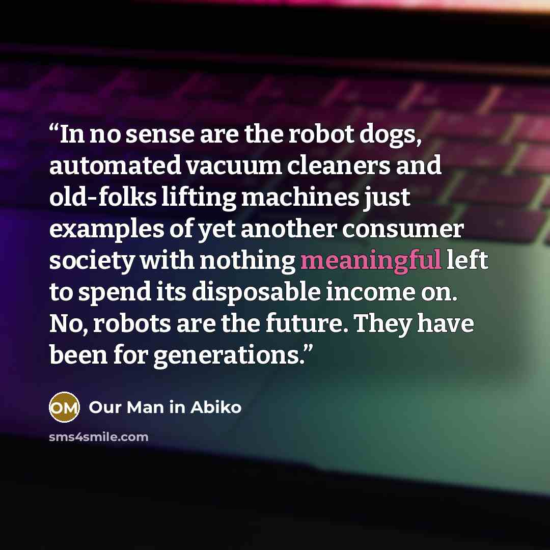 “In no sense are the robot dogs, automated vacuum cleaners and old-folks lifting machines just examples of yet another consumer society with nothing meaningful left to spend its disposable income on. No, robots are the future. They have been for generations.” quote by Our Man in Abiko