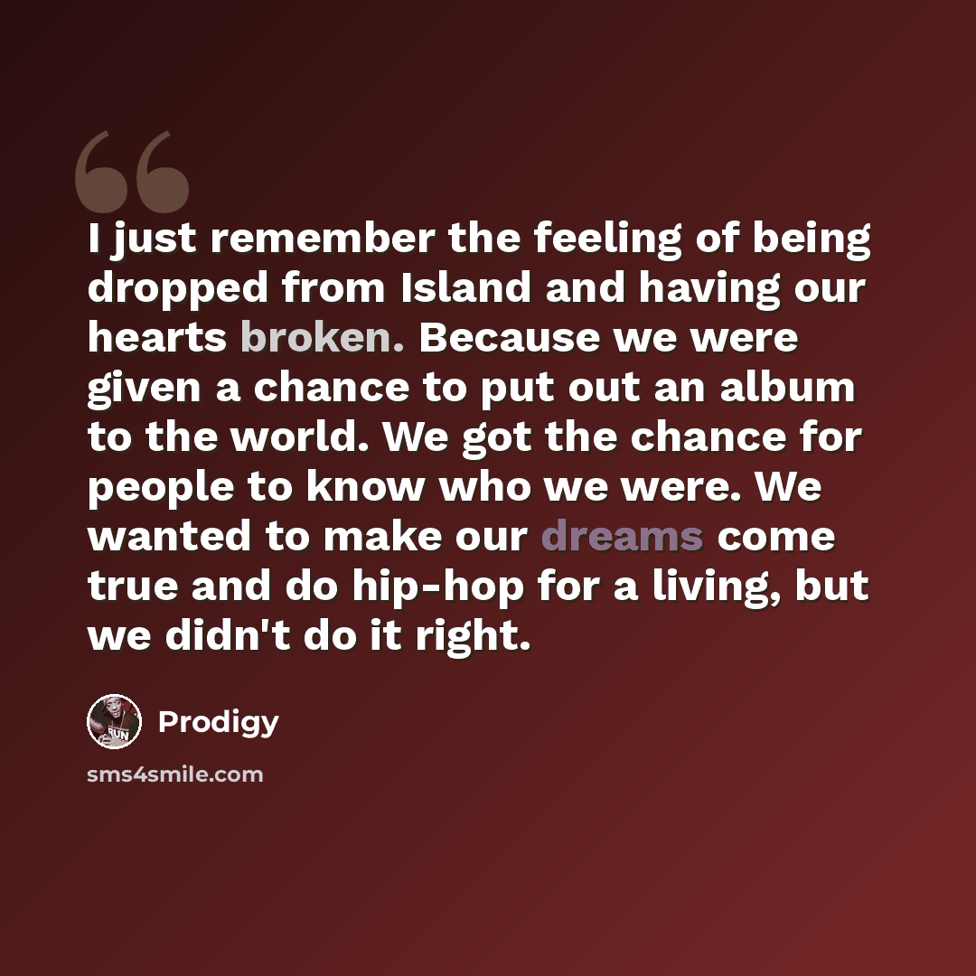 “I just remember the feeling of being dropped from Island and having our hearts broken. Because we were given a chance to put out an album to the world. We got the chance for people to know who we were. We wanted to make our dreams come true and do hip-hop for a living, but we didn't do it right.” quote by Prodigy