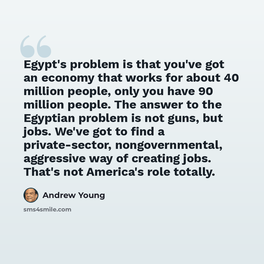 “Egypt's problem is that you've got an economy that works for about 40 million people, only you have 90 million people. The answer to the Egyptian problem is not guns, but jobs. We've got to find a private-sector, nongovernmental, aggressive way of creating jobs. That's not America's role totally.” quote by Andrew Young