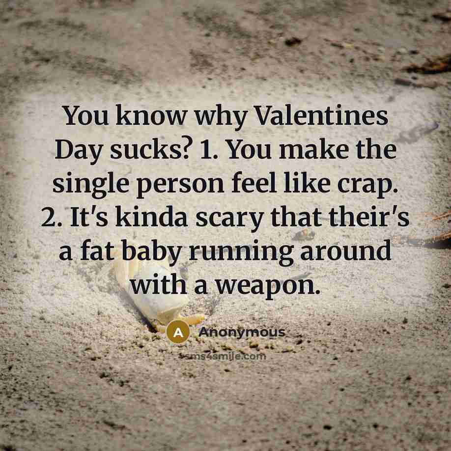 “You know why Valentines Day sucks? 1. You make the single person feel like crap. 2. It's kinda scary that their's a fat baby running around with a weapon.” quote by Anonymous