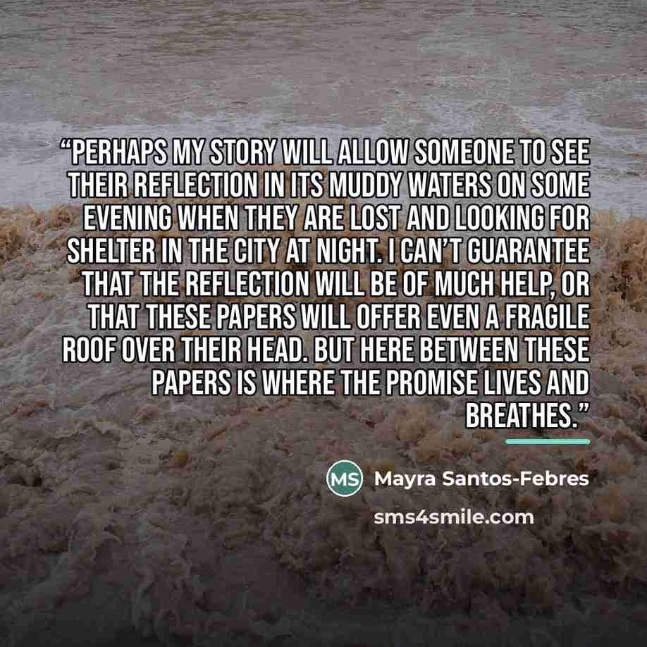 “Perhaps my story will allow someone to see their reflection in its muddy waters on some evening when they are lost and looking for shelter in the city at night. I can’t guarantee that the reflection will be of much help, or that these papers will offer even a fragile roof over their head. But here…” quote by Mayra Santos-Febres