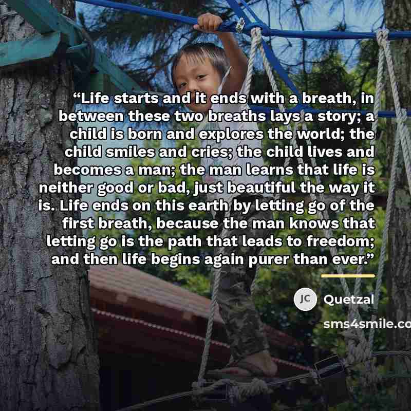 “Life starts and it ends with a breath, in between these two breaths lays a story; a child is born and explores the world; the child smiles and cries; the child lives and becomes a man; the man learns that life is neither good or bad, just beautiful the way it is. Life ends on this earth by letting…” quote by Quetzal