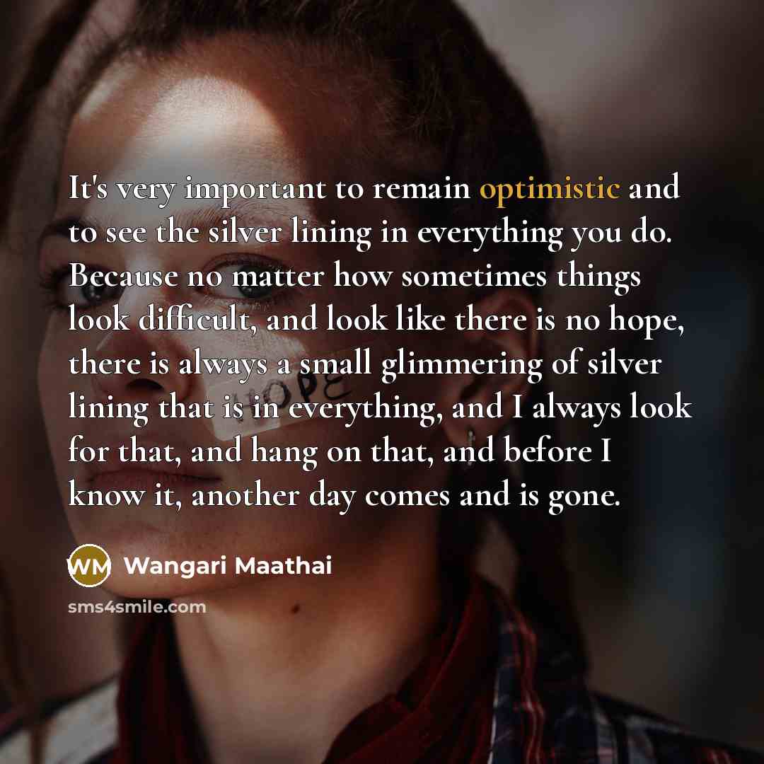 “It's very important to remain optimistic and to see the silver lining in everything you do. Because no matter how sometimes things look difficult, and look like there is no hope, there is always a small glimmering of silver lining that is in everything, and I always look for that, and hang on…” quote by Wangari Maathai