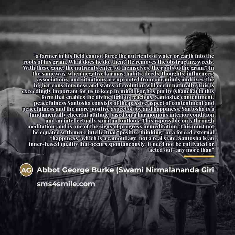 “a farmer in his field cannot force the nutrients of water or earth into the roots of his grain. What does he do, then? He removes the obstructing weeds. With these gone, the nutrients enter, of themselves, the roots of the grain.” In the same way, when negative karmas, habits, deeds, thoughts…” quote by Abbot George Burke (Swami Nirmalananda Giri