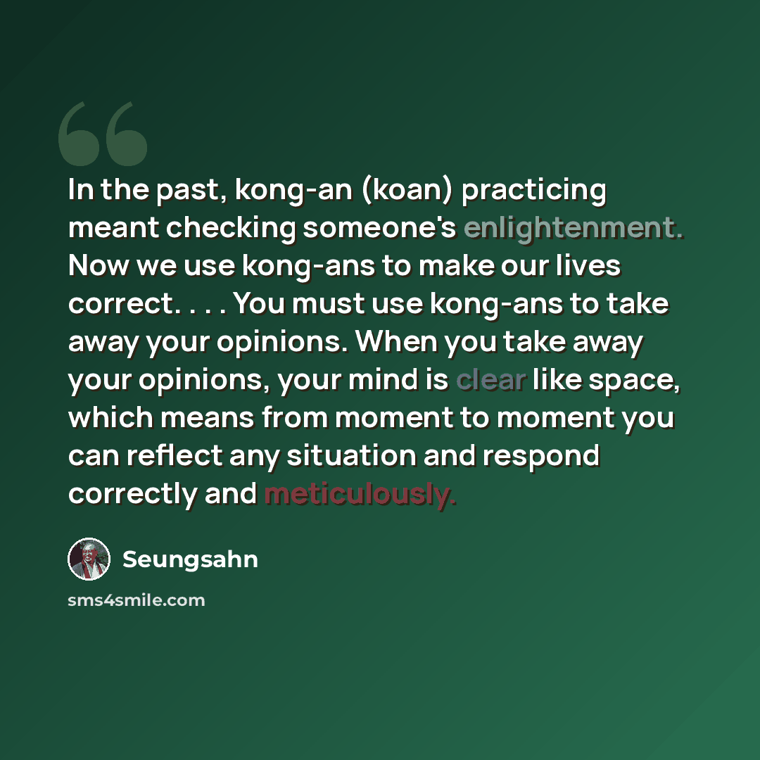 “In the past, kong-an (koan) practicing meant checking someone's enlightenment. Now we use kong-ans to make our lives correct. . . . You must use kong-ans to take away your opinions. When you take away your opinions, your mind is clear like space, which means from moment to moment you can reflect…” quote by Seungsahn
