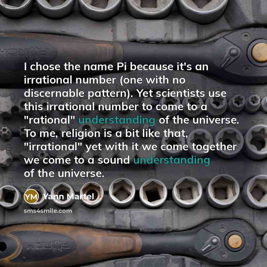 “I chose the name Pi because it's an irrational number (one with no discernable pattern). Yet scientists use this irrational number to come to a "rational" understanding of the universe. To me, religion is a bit like that, "irrational" yet with it we come together we come to a sound understanding…” quote by Yann Martel