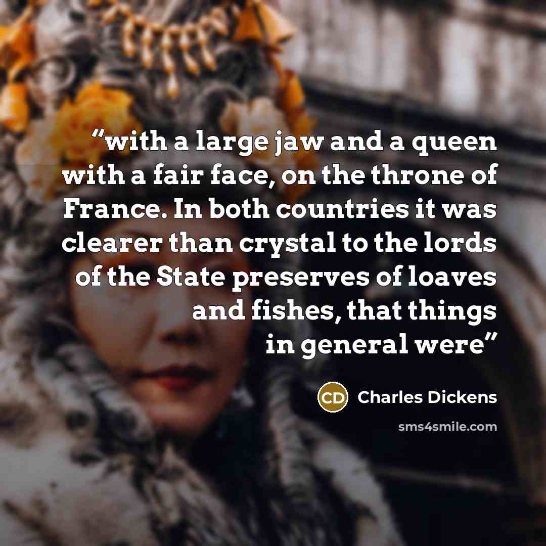 “with a large jaw and a queen with a fair face, on the throne of France. In both countries it was clearer than crystal to the lords of the State preserves of loaves and fishes, that things in general were” quote by Charles Dickens