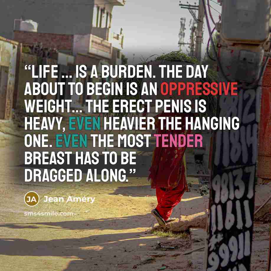 “Life ... is a burden. The day about to begin is an oppressive weight… The erect penis is heavy, even heavier the hanging one. Even the most tender breast has to be dragged along.” quote by Jean Améry