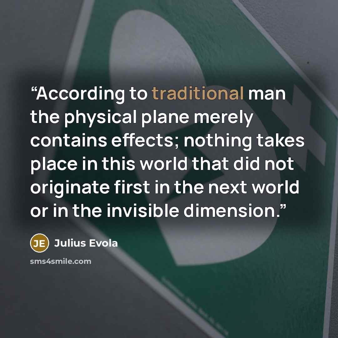 “According to traditional man the physical plane merely contains effects; nothing takes place in this world that did not originate first in the next world or in the invisible dimension.” quote by Julius Evola