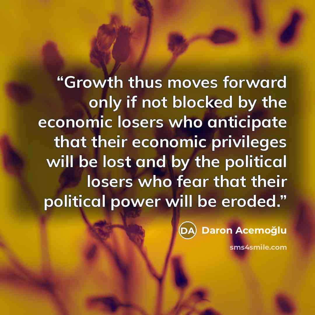 “Growth thus moves forward only if not blocked by the economic losers who anticipate that their economic privileges will be lost and by the political losers who fear that their political power will be eroded.” quote by Daron Acemoğlu