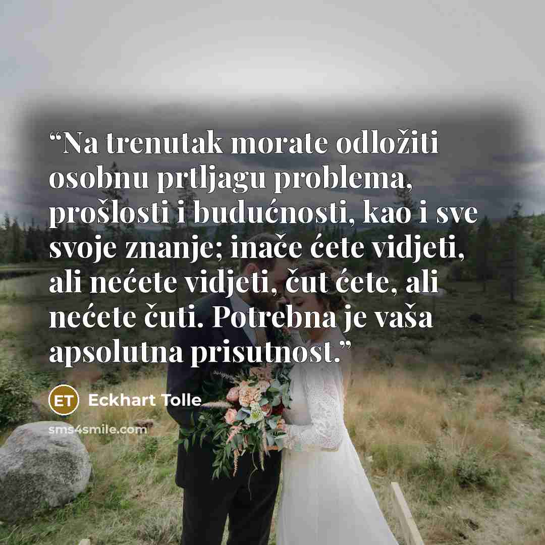 “Na trenutak morate odložiti osobnu prtljagu problema, prošlosti i budućnosti, kao i sve svoje znanje; inače ćete vidjeti, ali nećete vidjeti, čut ćete, ali nećete čuti. Potrebna je vaša apsolutna prisutnost.” quote by Eckhart Tolle