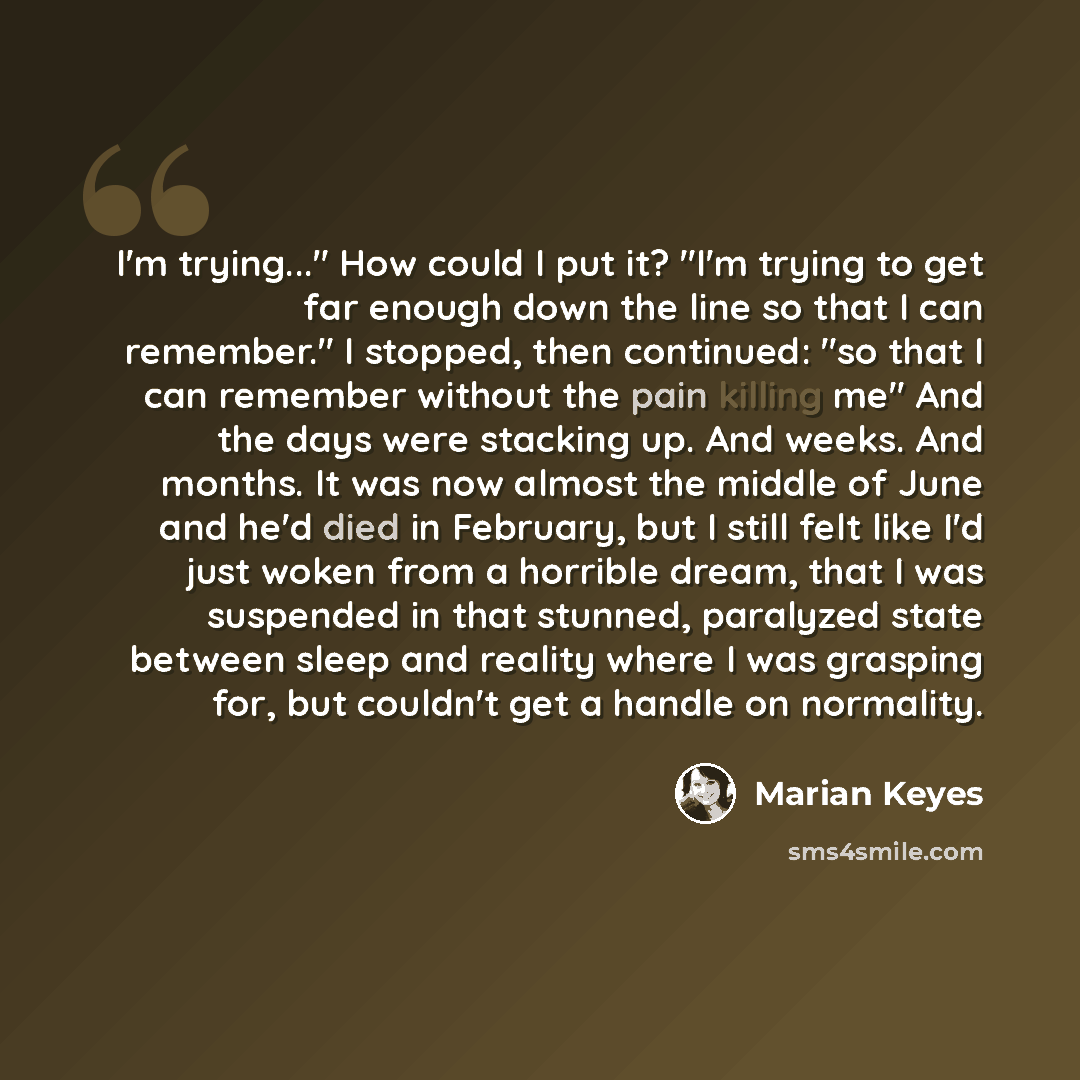 “I'm trying..." How could I put it? "I'm trying to get far enough down the line so that I can remember." I stopped, then continued: "so that I can remember without the pain killing me" And the days were stacking up. And weeks. And months. It was now almost the middle of June and he'd died in…” quote by Marian Keyes