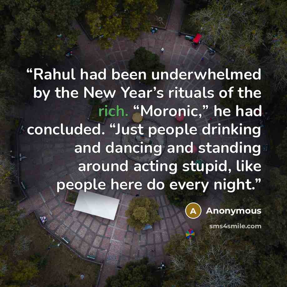 “Rahul had been underwhelmed by the New Year’s rituals of the rich. “Moronic,” he had concluded. “Just people drinking and dancing and standing around acting stupid, like people here do every night.” quote by Anonymous