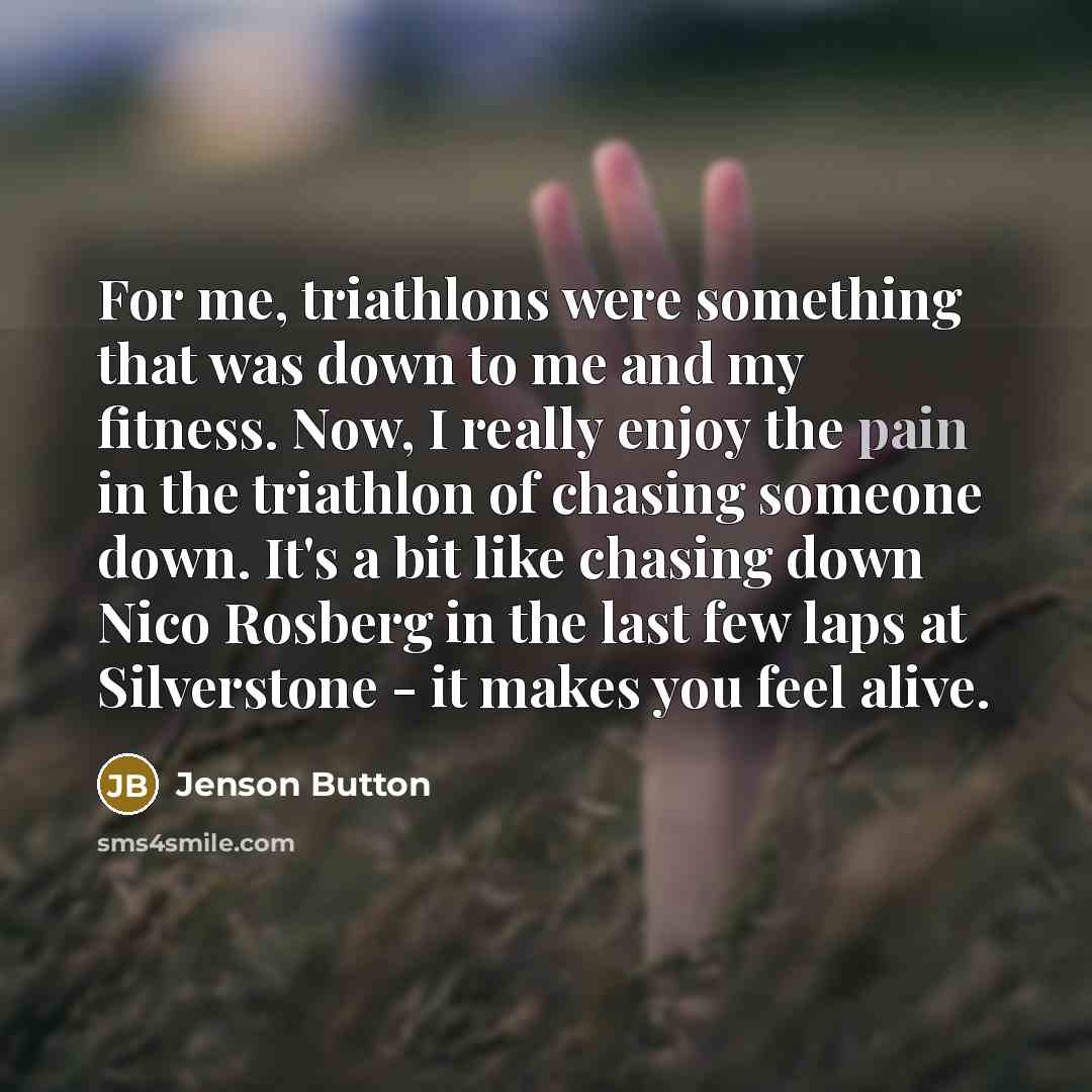 “For me, triathlons were something that was down to me and my fitness. Now, I really enjoy the pain in the triathlon of chasing someone down. It's a bit like chasing down Nico Rosberg in the last few laps at Silverstone - it makes you feel alive.” quote by Jenson Button