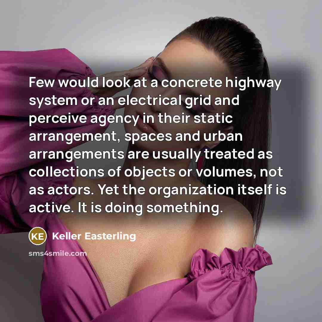“Few would look at a concrete highway system or an electrical grid and perceive agency in their static arrangement, spaces and urban arrangements are usually treated as collections of objects or volumes, not as actors. Yet the organization itself is active. It is doing something.” quote by Keller Easterling