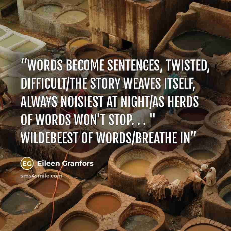 “Words become sentences, twisted, difficult/The story weaves itself, always noisiest at night/As herds of words won't stop. . . " Wildebeest of Words/Breathe In” quote by Eileen Granfors