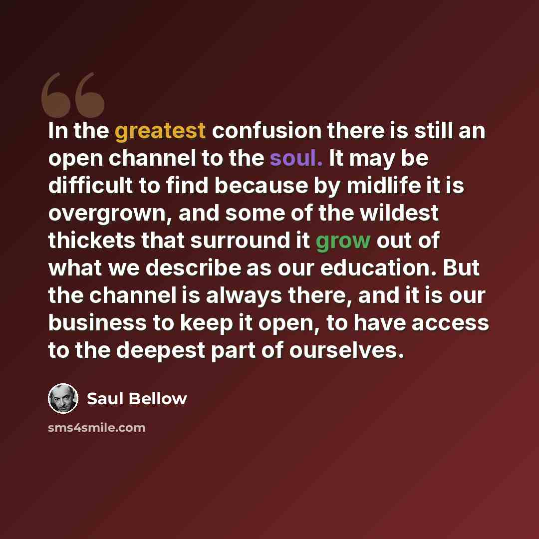 “In the greatest confusion there is still an open channel to the soul. It may be difficult to find because by midlife it is overgrown, and some of the wildest thickets that surround it grow out of what we describe as our education. But the channel is always there, and it is our business to keep it…” quote by Saul Bellow