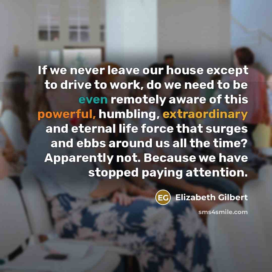 “If we never leave our house except to drive to work, do we need to be even remotely aware of this powerful, humbling, extraordinary and eternal life force that surges and ebbs around us all the time? Apparently not. Because we have stopped paying attention.” quote by Elizabeth Gilbert