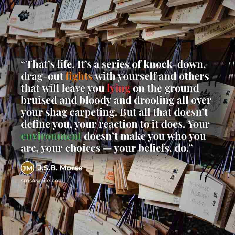 “That’s life. It’s a series of knock-down, drag-out fights with yourself and others that will leave you lying on the ground bruised and bloody and drooling all over your shag carpeting. But all that doesn’t define you, your reaction to it does. Your environment doesn’t make you who you are, your…” quote by J.S.B. Morse